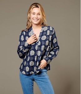 SARA ROSETTE NAVY Viscose Blouse for Women - 1